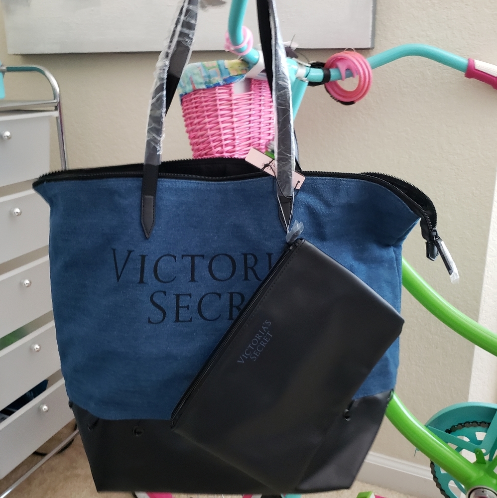 Victorias Secret Denim Leather Tote Bag